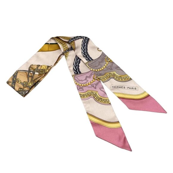 Auth HERMES Twilly - Pink Brown Multi Silk Scarf - Picture 1 of 4